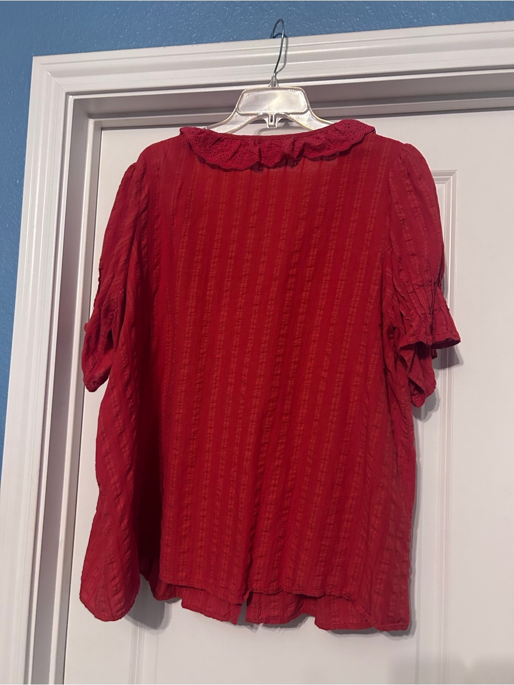 Red Ruffle-Front Women's Button-Up Top - Picture 5 of 5